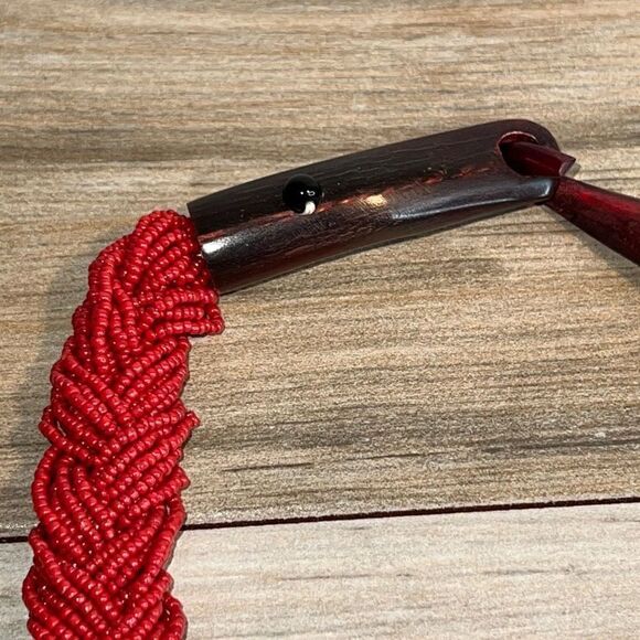 Ethnic Multistrand Red Bead Necklace With Wood Hook Closure - Picture 4 of 8